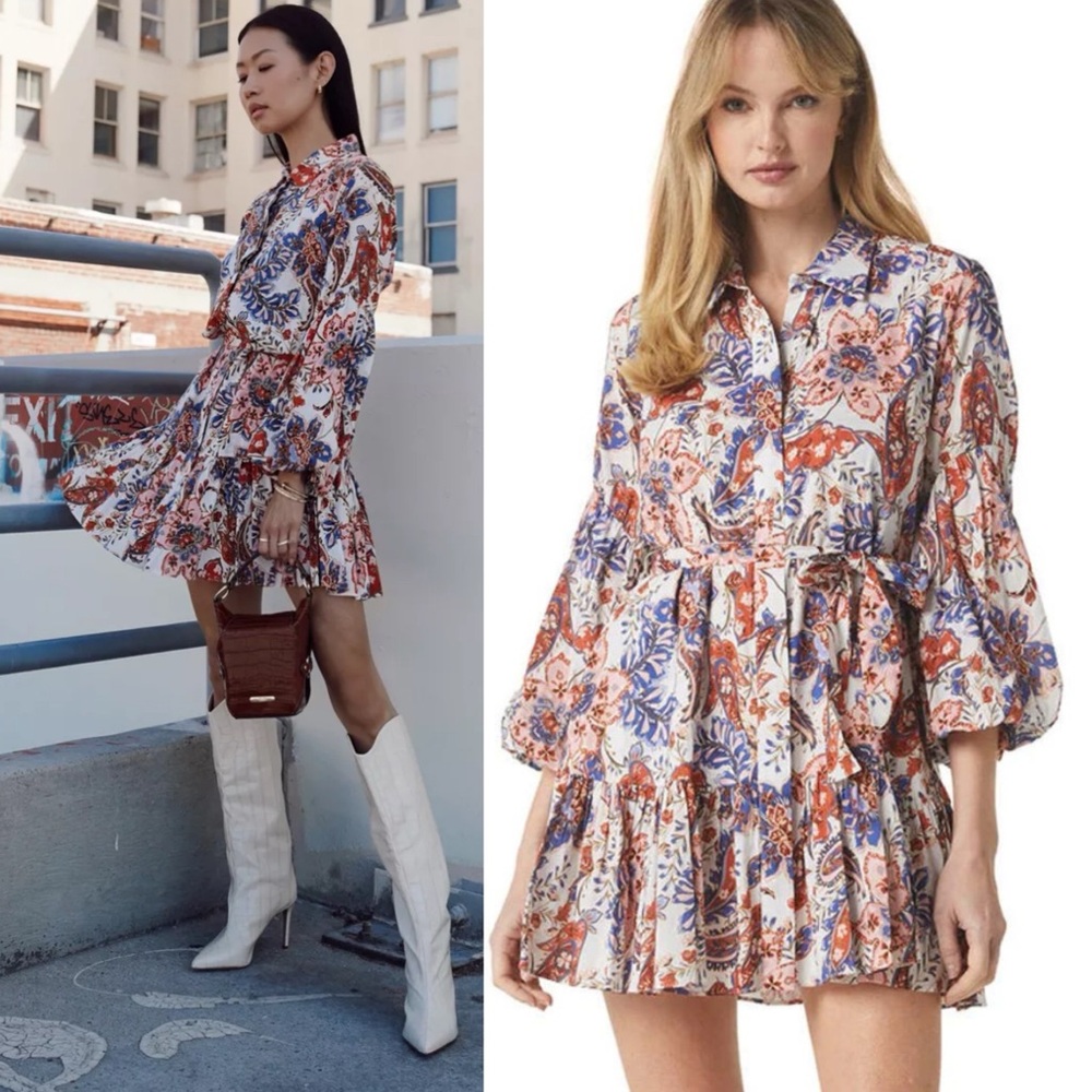MISA Los Angeles Martina Shirt Dress Belted Mini Harvest Flora Print Small